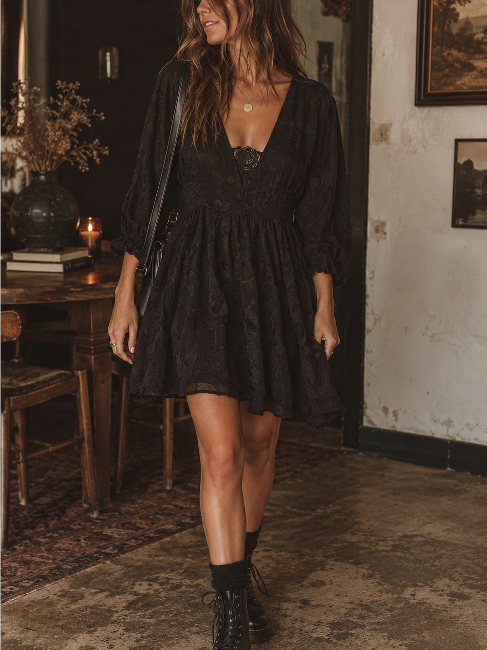 Black V-Neck Mini Dress